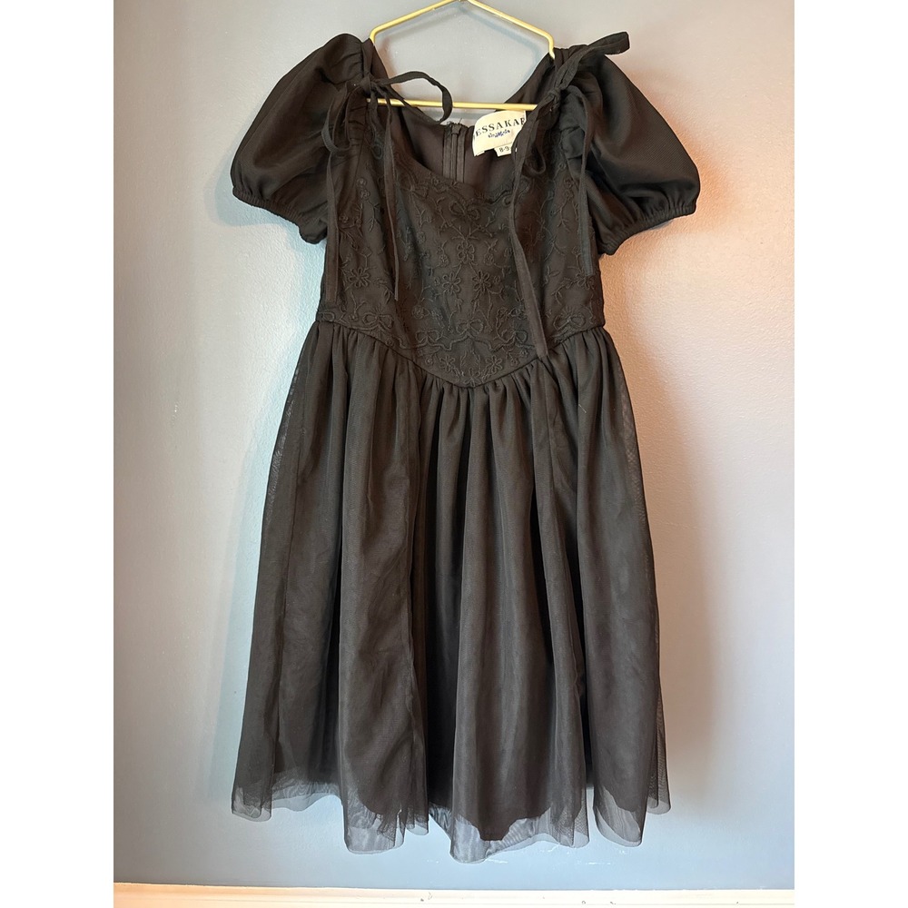 JessaKae Black Embroidered Tulle Puff‎ Sleeve Dress Girls